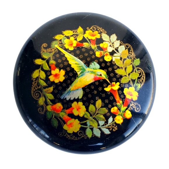 Vintage Hallmark Cards Hummingbird Trinket Jewelry Box Round Black Red Plastic - Picture 6 of 11